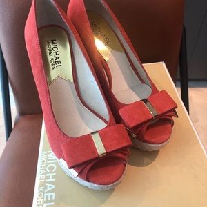 Michael Kors  Mandarin  Red Peep Toe Suede Espadrille Wedges Sandals
